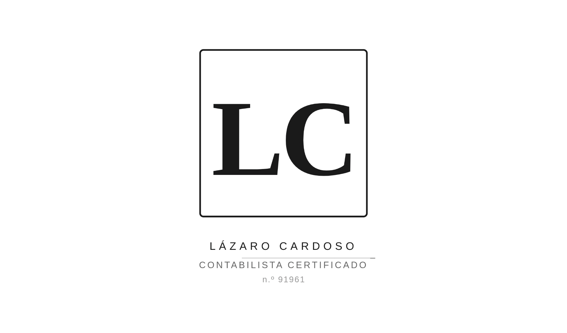 Logotipo “LC” dentro de um retângulo, com texto “Lázaro Cardoso” e “Contabilista Certificado” em fundo preto.